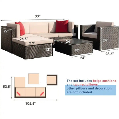 Ensemble de meubles de jardin Homall 6 pièces avec canapé sectionnel d'extérieur rembourré en rotin PE