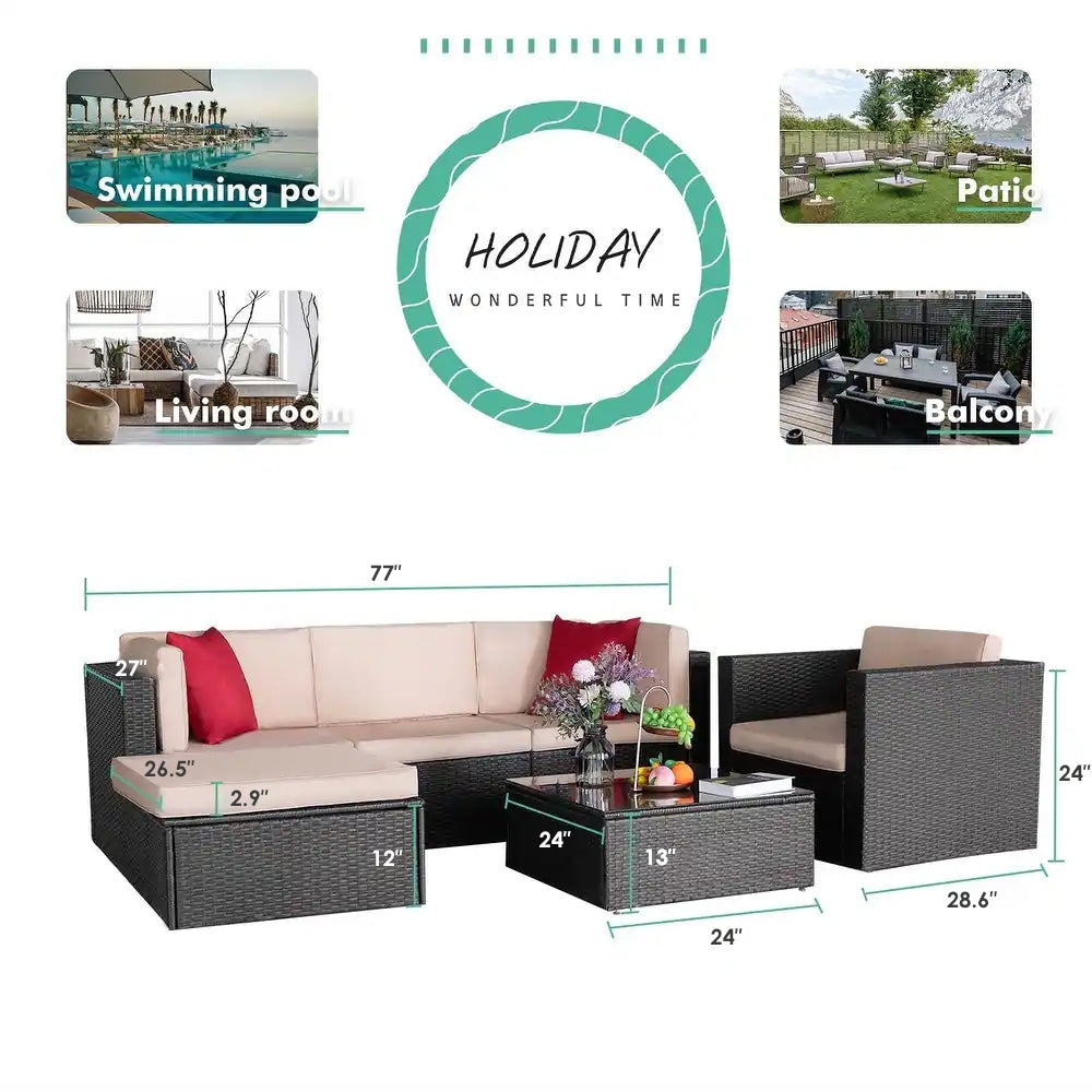 Ensemble de meubles de jardin Homall 6 pièces avec canapé sectionnel d'extérieur rembourré en rotin PE