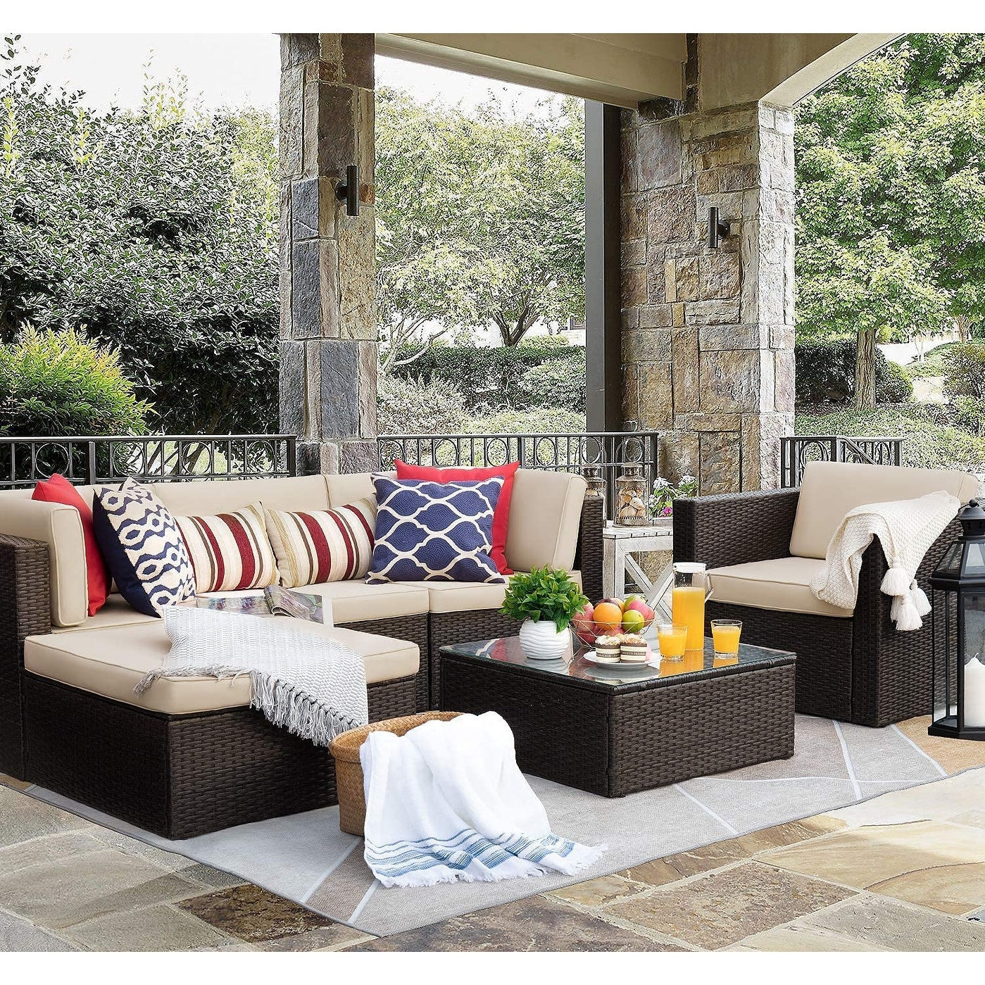 Ensemble de meubles de jardin Homall 6 pièces avec canapé sectionnel d'extérieur rembourré en rotin PE