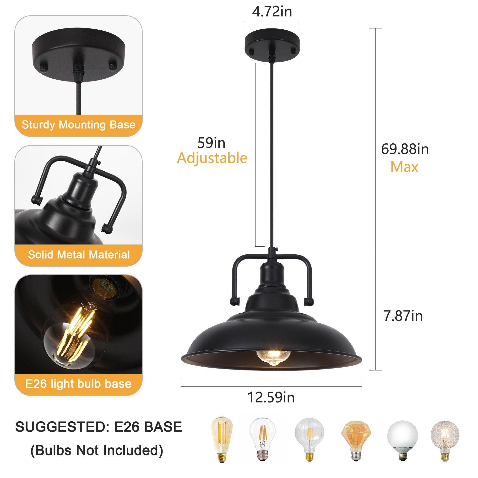 Suspension 60 W à 1 ampoule avec abat-jour en forme de dôme pour îlot de cuisine, lustre semi-encastré classique pour salle à manger
