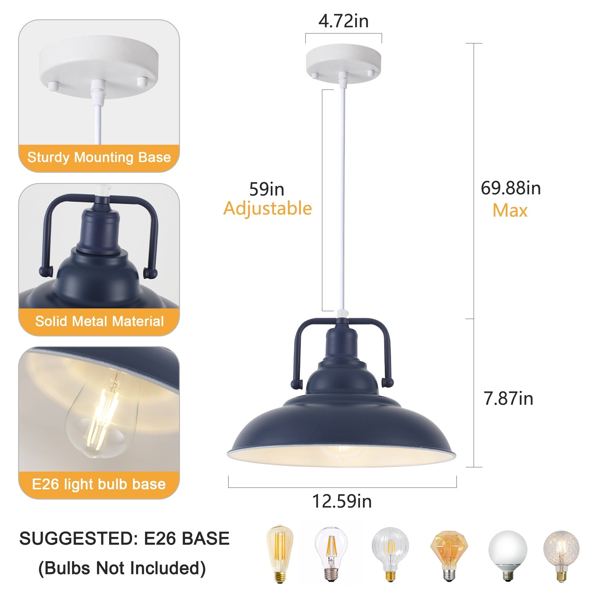 Suspension 60 W à 1 ampoule avec abat-jour en forme de dôme pour îlot de cuisine, lustre semi-encastré classique pour salle à manger