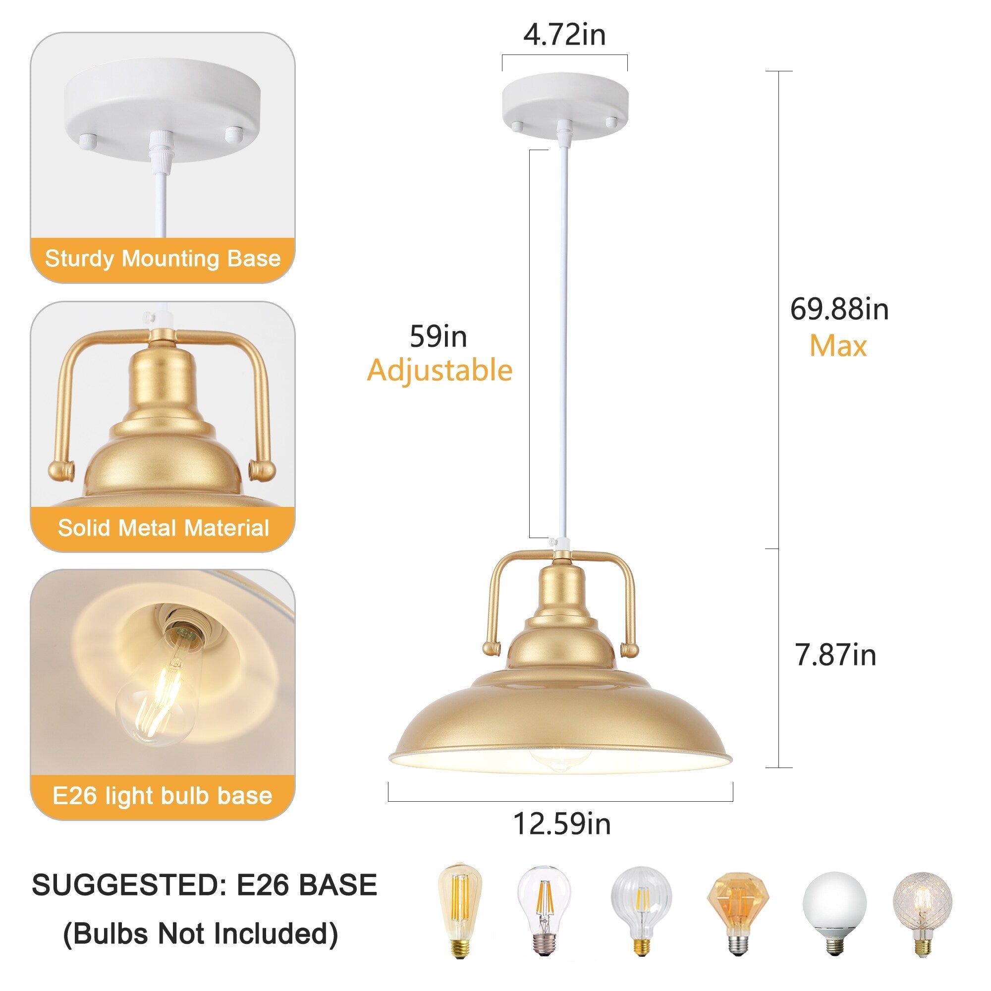 Suspension 60 W à 1 ampoule avec abat-jour en forme de dôme pour îlot de cuisine, lustre semi-encastré classique pour salle à manger