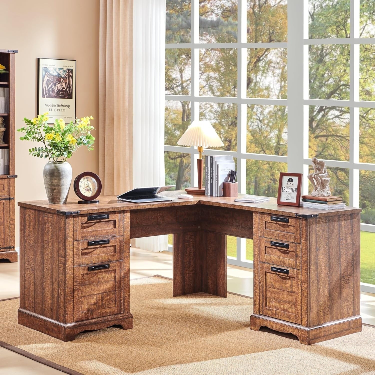 Bureau de direction en L de style ferme, bureau d'angle en bois, bureau d'ordinateur