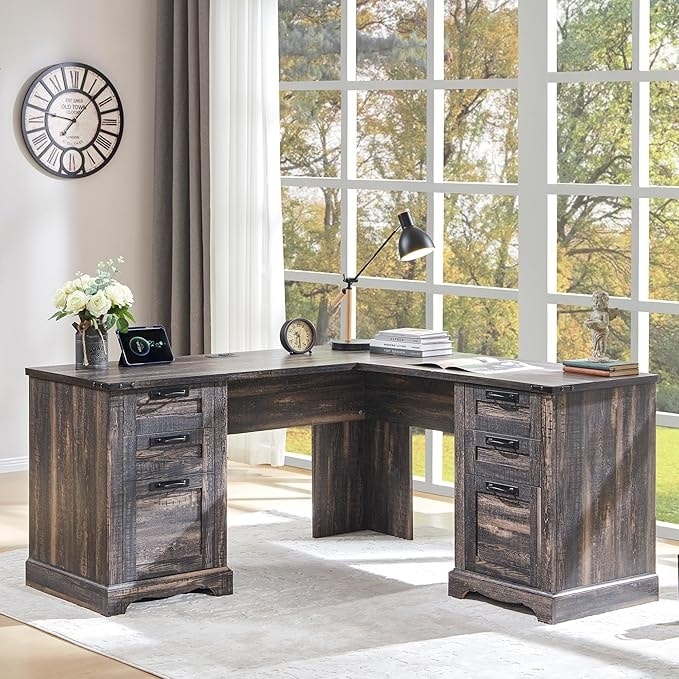 Bureau de direction en L de style ferme, bureau d'angle en bois, bureau d'ordinateur