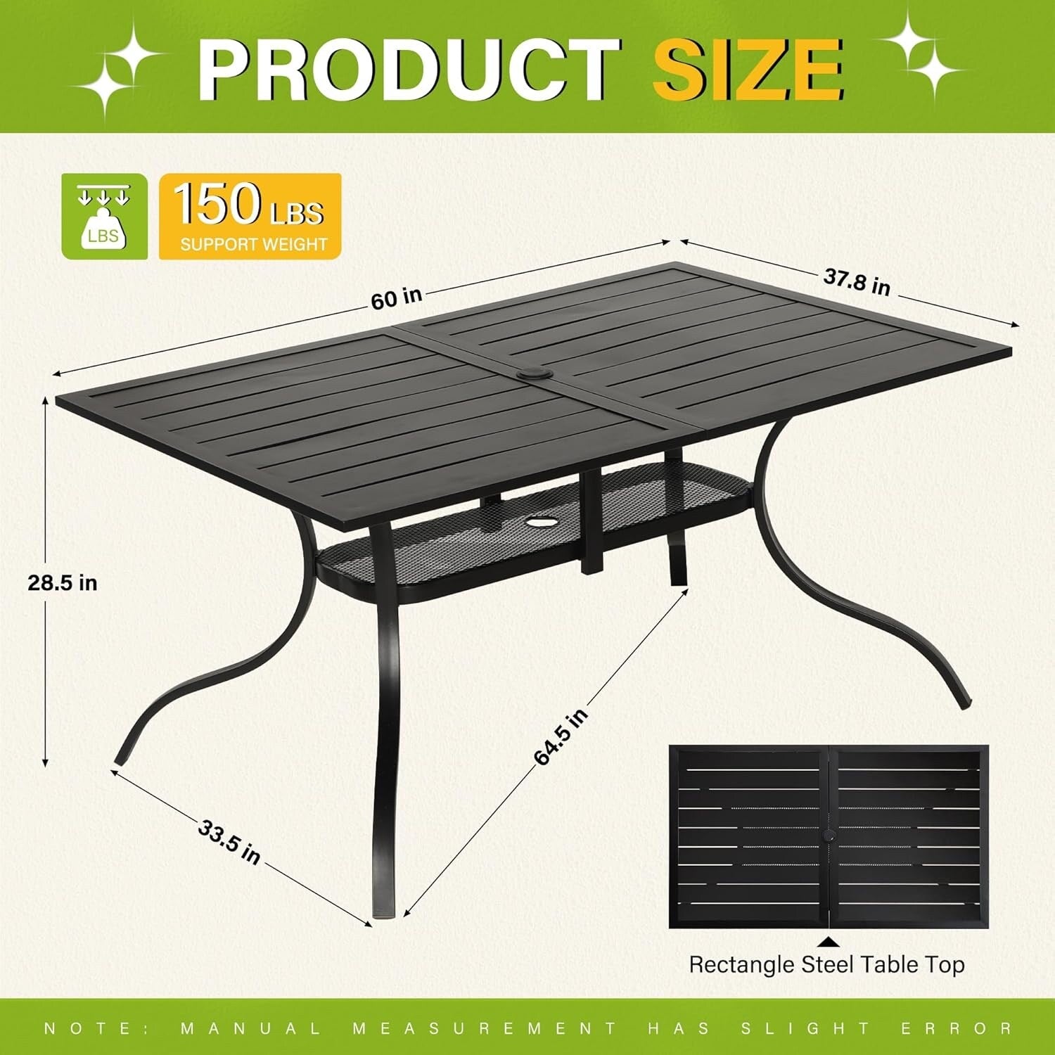 Table à manger rectangulaire en métal pour patio extérieur 60 x 37 avec trou pour parasol pour 6 personnes
