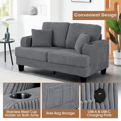 Canapé causeuse contemporain en velours côtelé avec 2 coussins et porte-gobelet