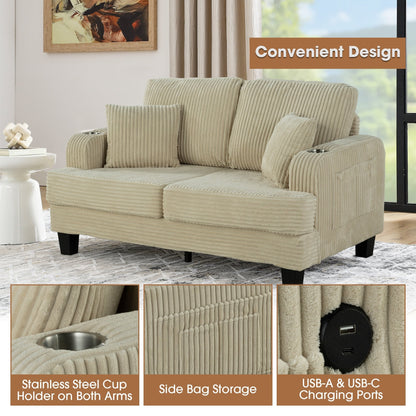 Canapé causeuse contemporain en velours côtelé avec 2 coussins et porte-gobelet