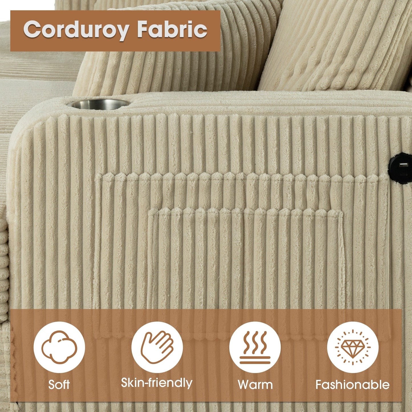 Canapé causeuse contemporain en velours côtelé avec 2 coussins et porte-gobelet
