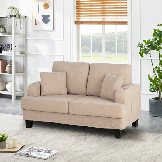Petit canapé causeuse beige de 61 pouces avec 2 coussins et porte-gobelet