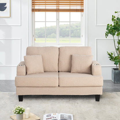 Petit canapé causeuse beige de 61 pouces avec 2 coussins et porte-gobelet