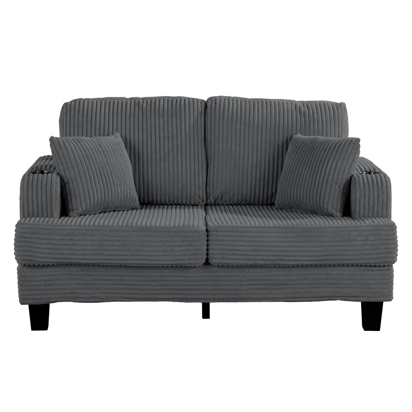 Canapé causeuse contemporain en velours côtelé avec 2 coussins et porte-gobelet