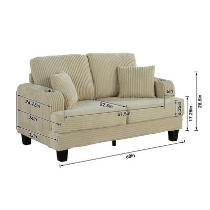 Canapé causeuse contemporain en velours côtelé avec 2 coussins et porte-gobelet
