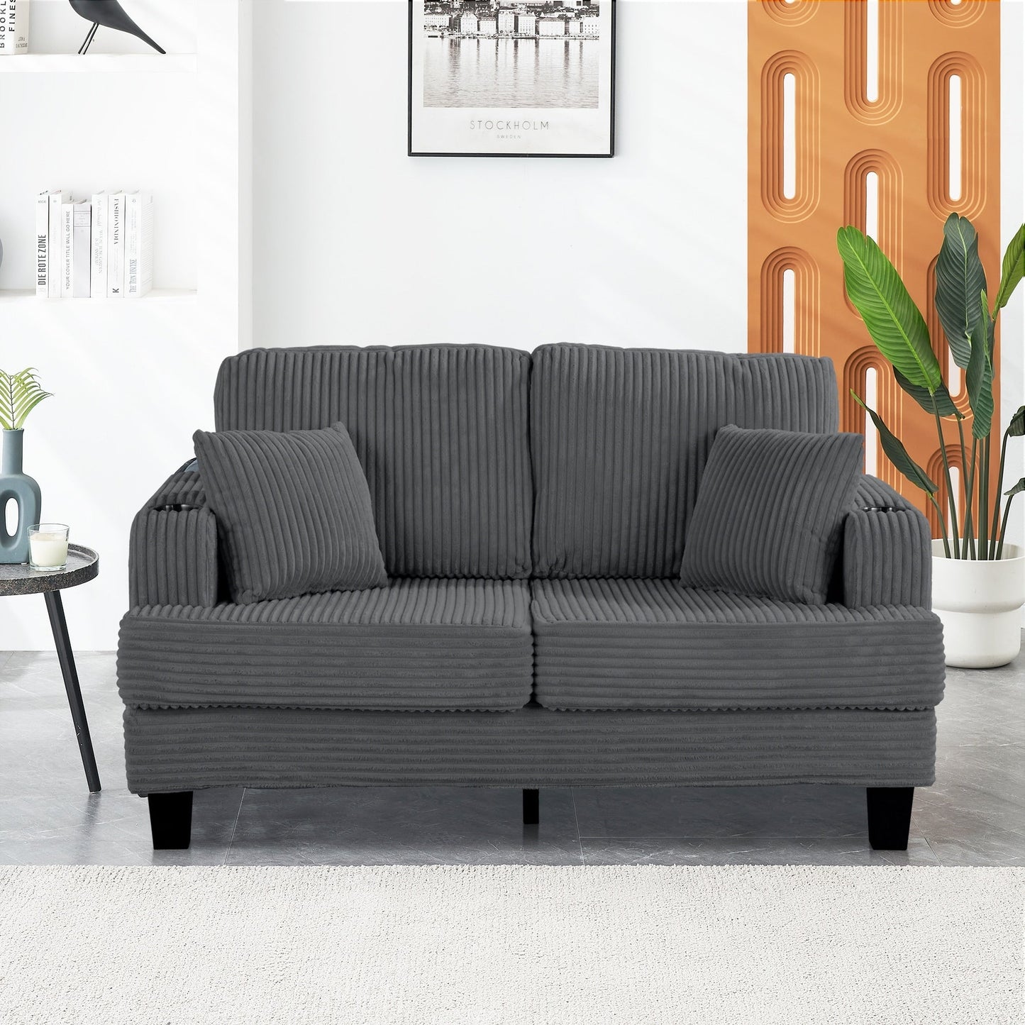 Canapé causeuse contemporain en velours côtelé avec 2 coussins et porte-gobelet