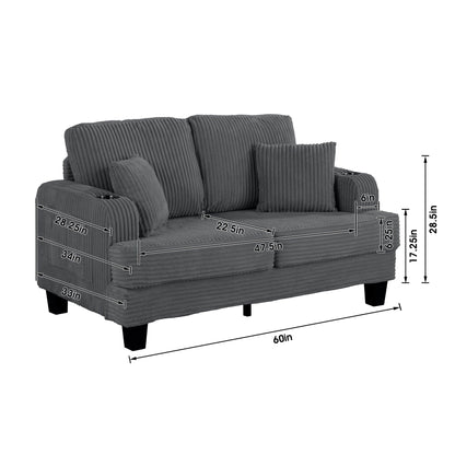 Canapé causeuse contemporain en velours côtelé avec 2 coussins et porte-gobelet