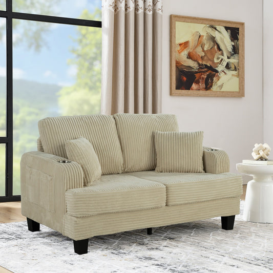 Canapé causeuse contemporain en velours côtelé avec 2 coussins et porte-gobelet