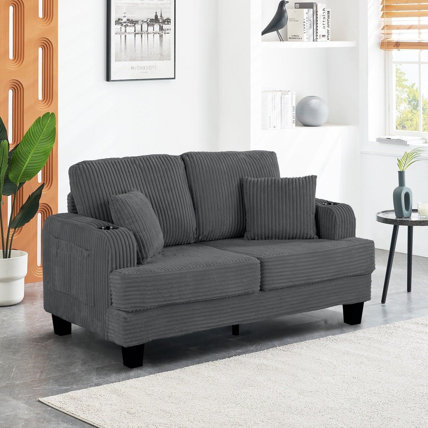 Canapé causeuse contemporain en velours côtelé avec 2 coussins et porte-gobelet