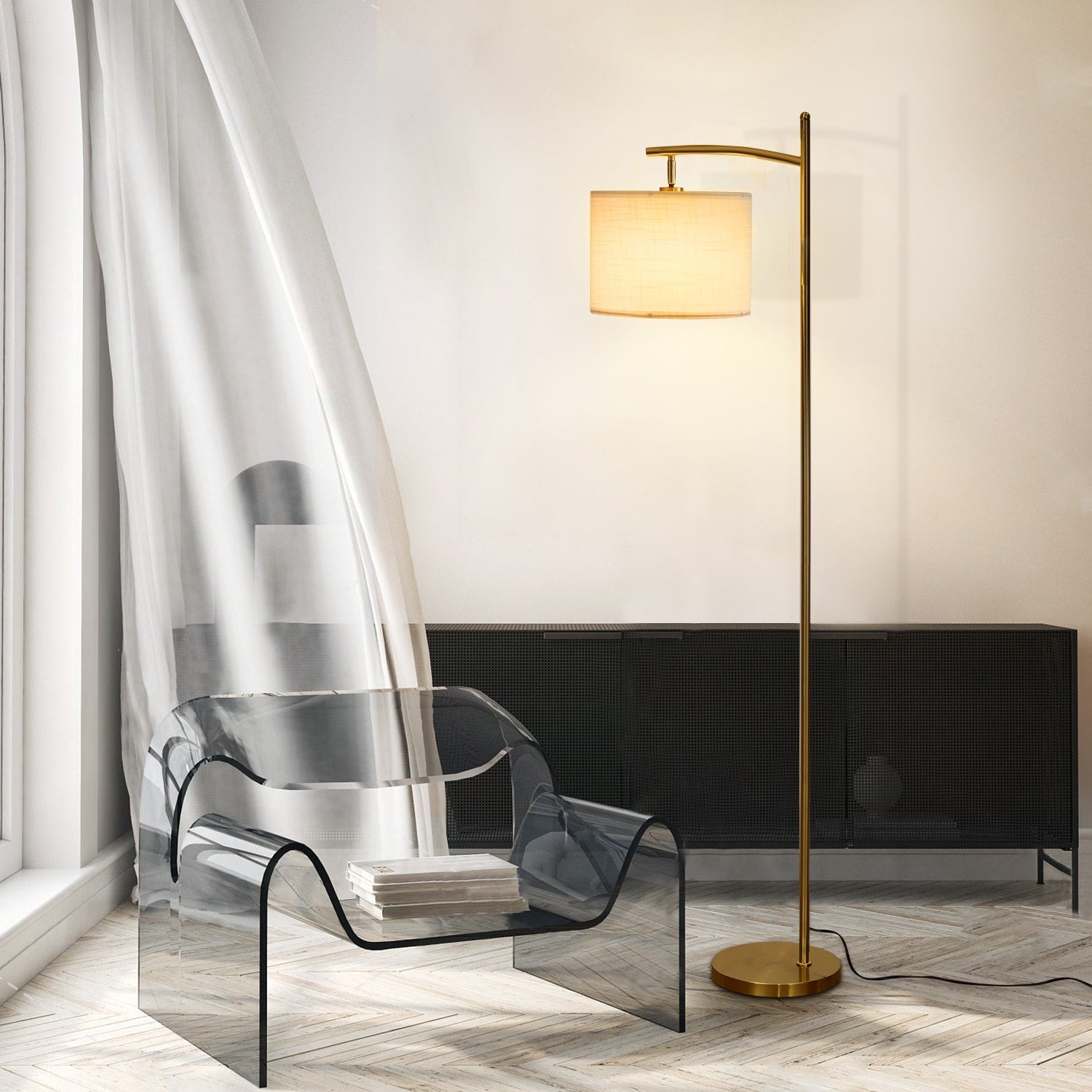 Lampadaire arqué Netin 66 avec télécommande et abat-jour rotatif