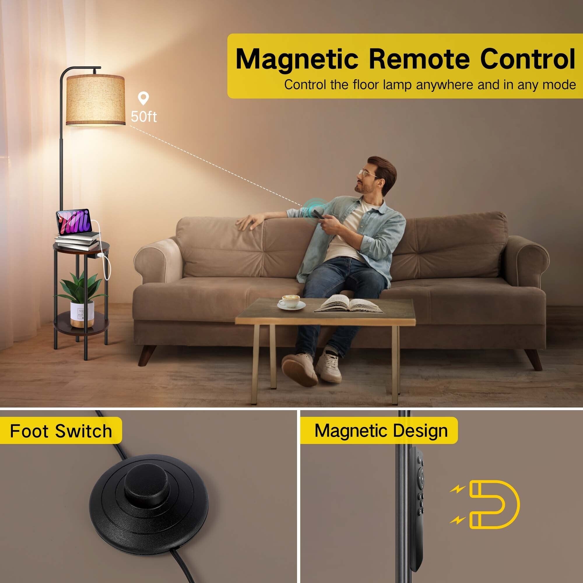 Lampadaire de table noir de 62 pouces avec port USB et prise