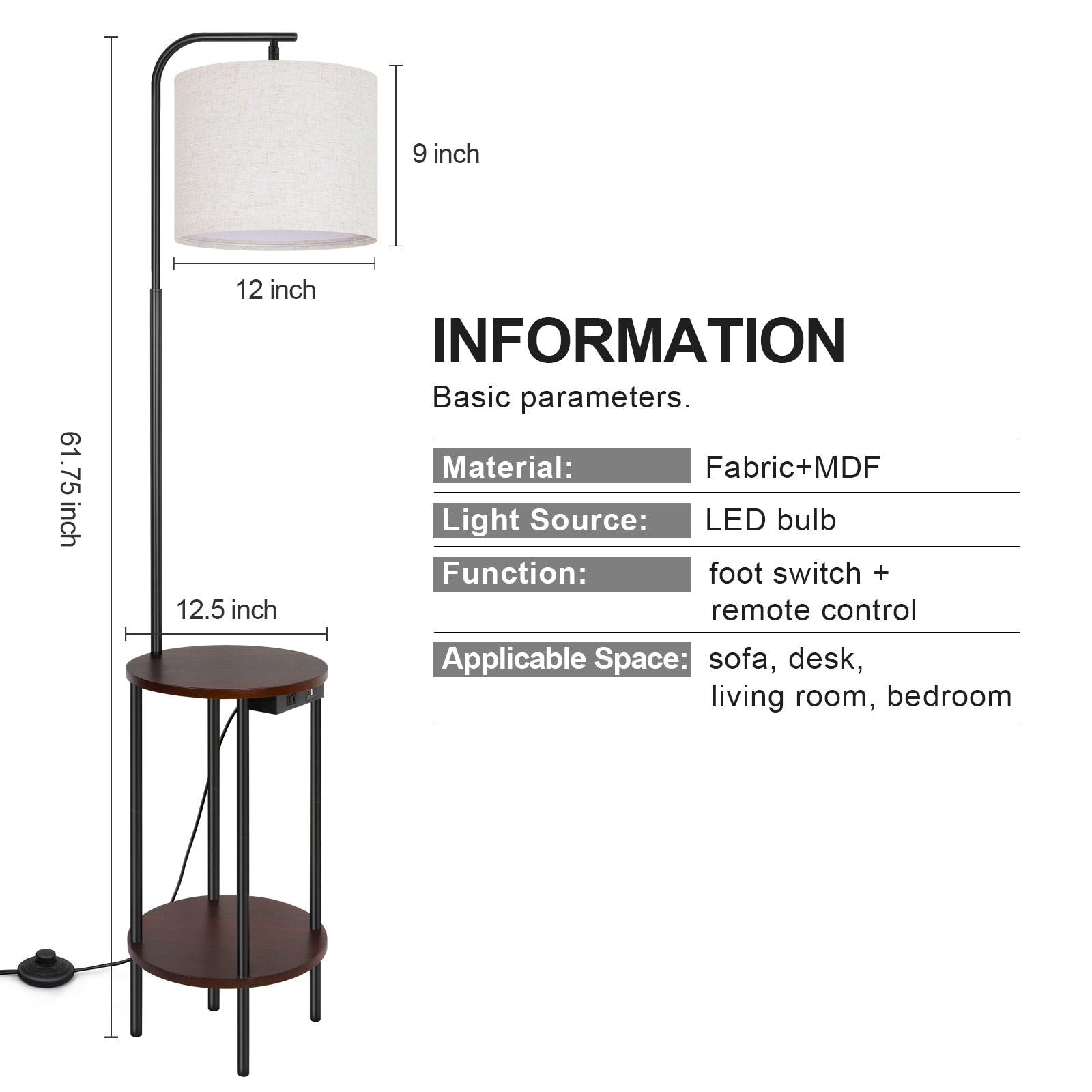 Lampadaire de table noir de 62 pouces avec port USB et prise