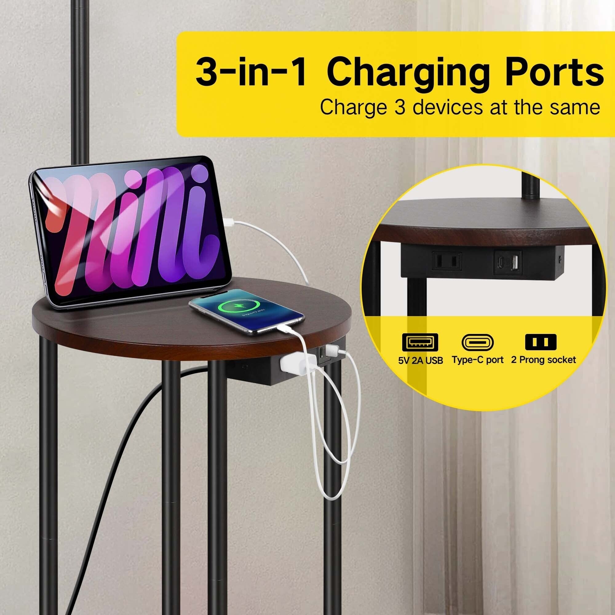 Lampadaire de table noir de 62 pouces avec port USB et prise