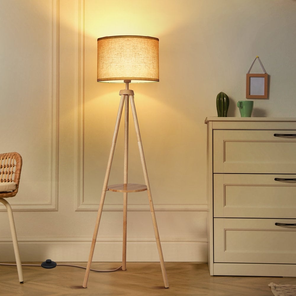 Lampadaire trépied en noyer de 63 po avec pieds et plateau en bois massif