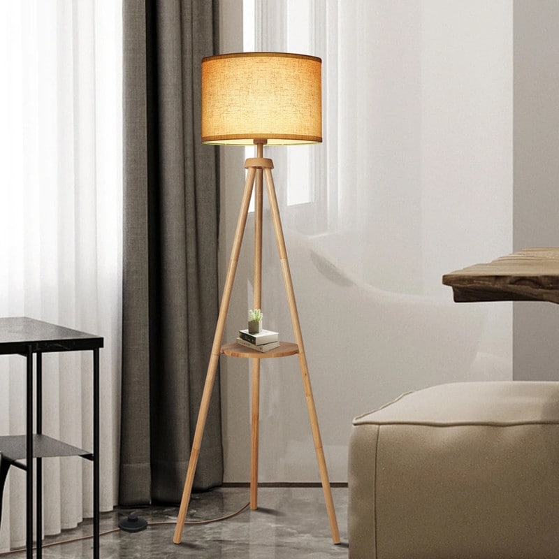 Lampadaire trépied en noyer de 63 po avec pieds et plateau en bois massif