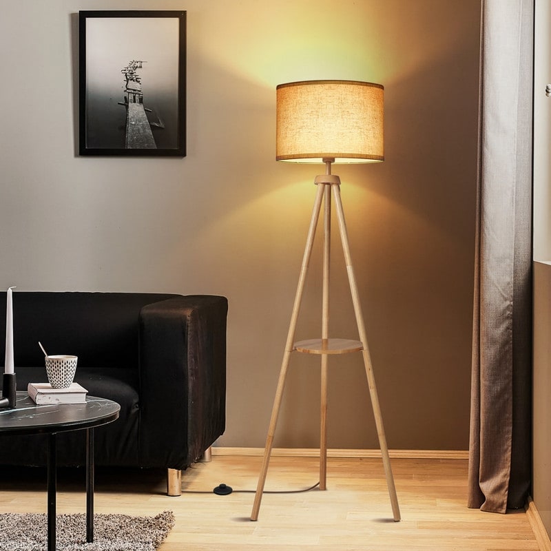Lampadaire trépied en noyer de 63 po avec pieds et plateau en bois massif
