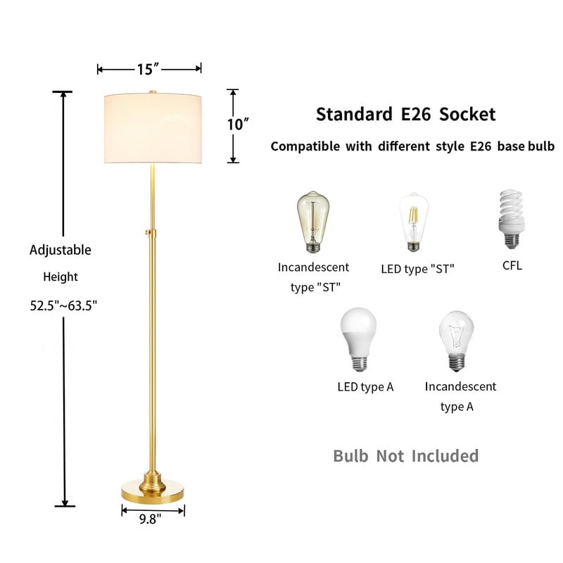 Lampadaire réglable standard KAWOTI 63,5 avec abat-jour en tissu et lin