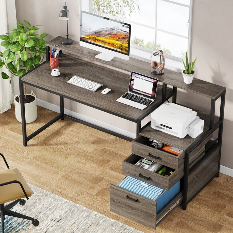 Bureau d'ordinateur 63 avec support d'écran, bureaux ergonomiques à domicile avec tiroirs et classeur