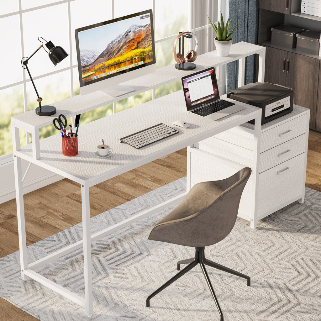 Bureau d'ordinateur 63 avec support d'écran, bureaux ergonomiques à domicile avec tiroirs et classeur
