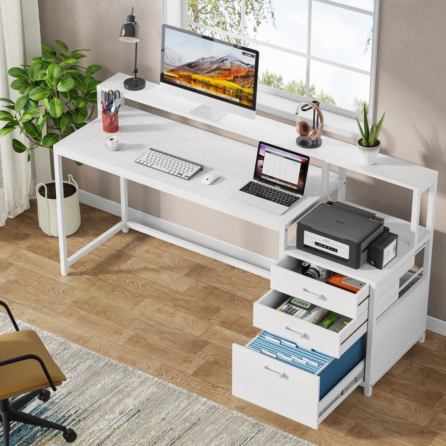 Bureau d'ordinateur 63 avec support d'écran, bureaux ergonomiques à domicile avec tiroirs et classeur