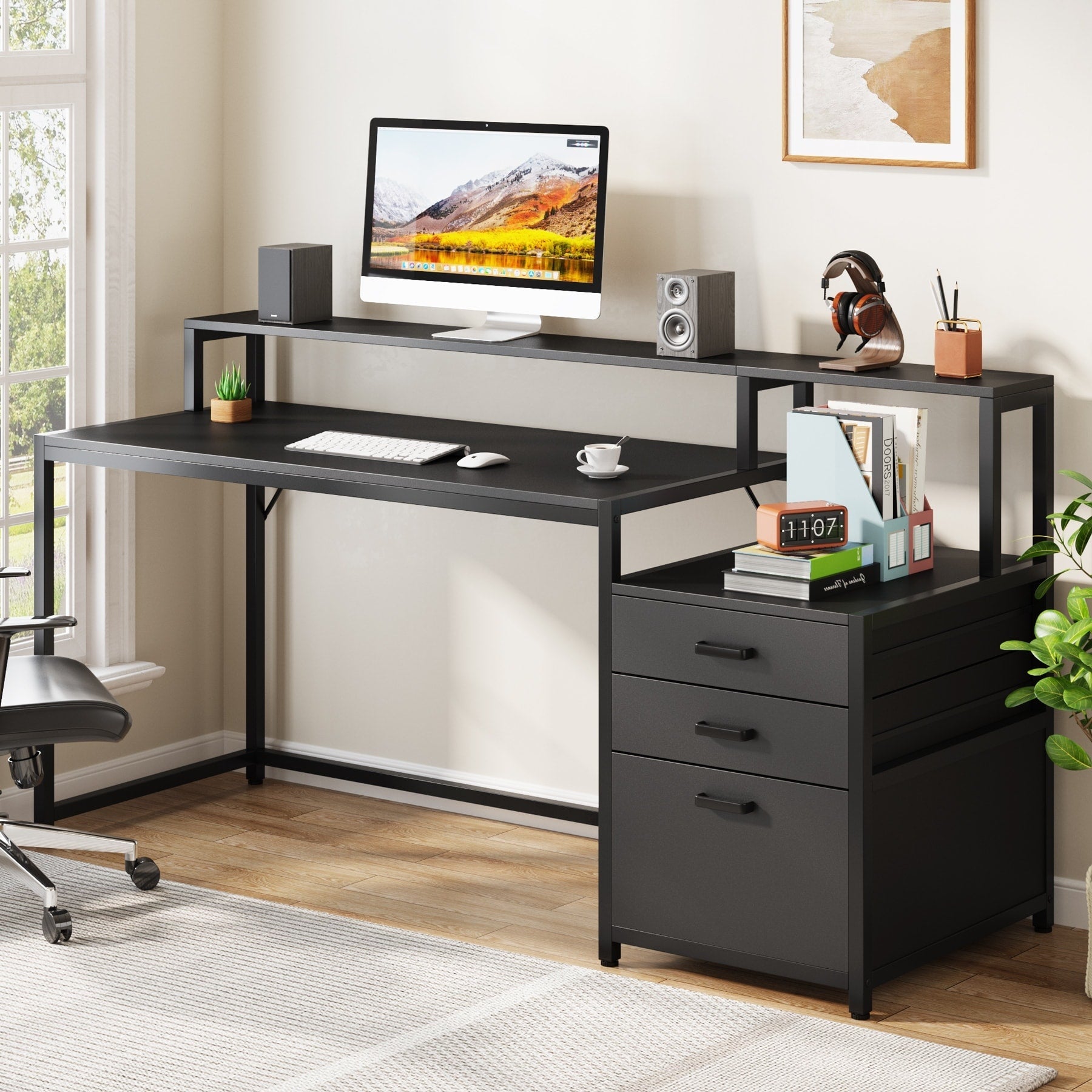 Bureau d'ordinateur 63 avec support d'écran, bureaux ergonomiques à domicile avec tiroirs et classeur
