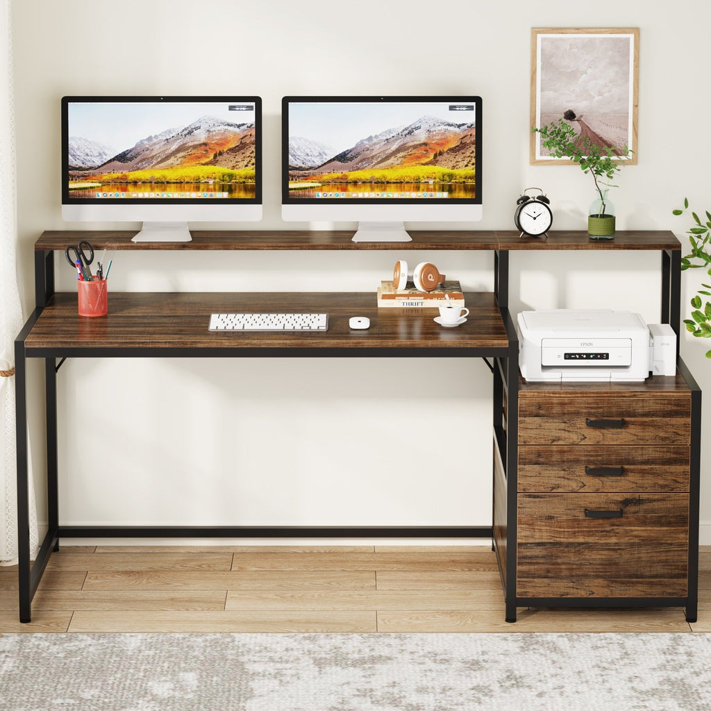 Bureau d'ordinateur 63 avec support d'écran, bureaux ergonomiques à domicile avec tiroirs et classeur