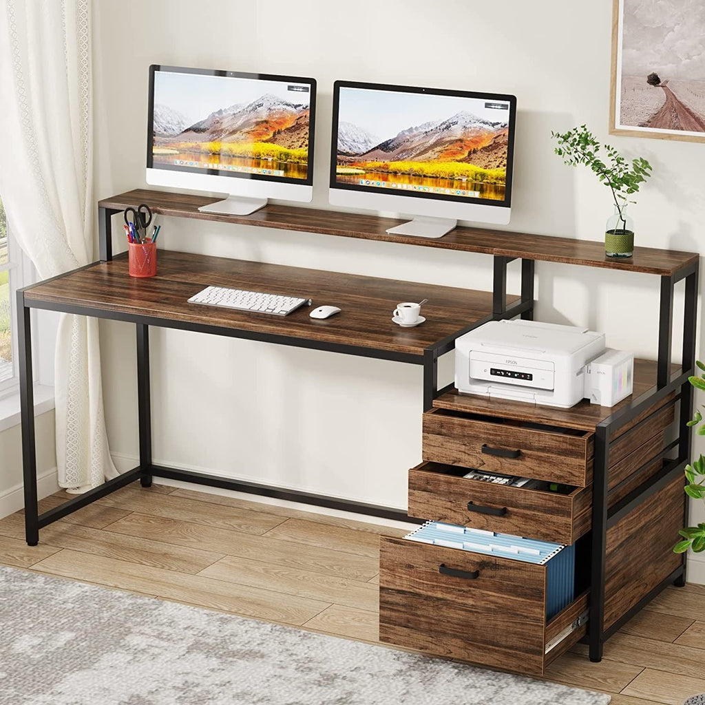 Bureau d'ordinateur 63 avec support d'écran, bureaux ergonomiques à domicile avec tiroirs et classeur