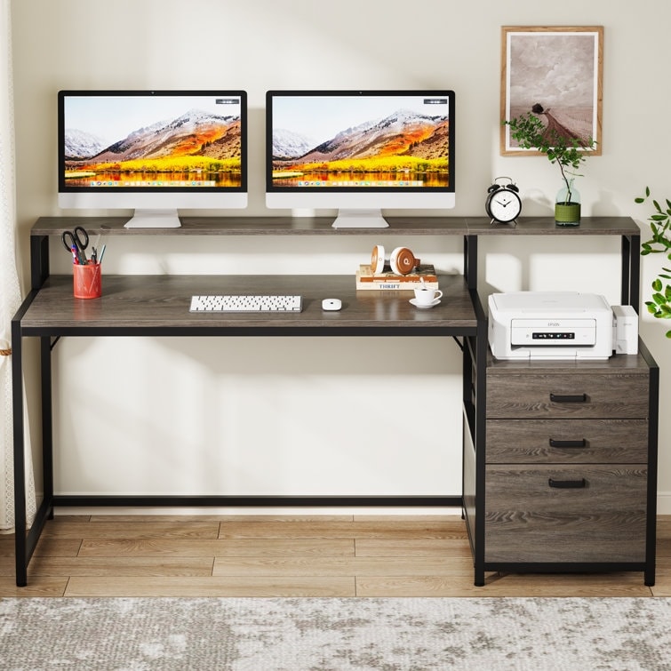 Bureau d'ordinateur 63 avec support d'écran, bureaux ergonomiques à domicile avec tiroirs et classeur