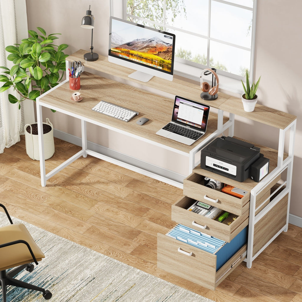 Bureau d'ordinateur 63 avec support d'écran, bureaux ergonomiques à domicile avec tiroirs et classeur