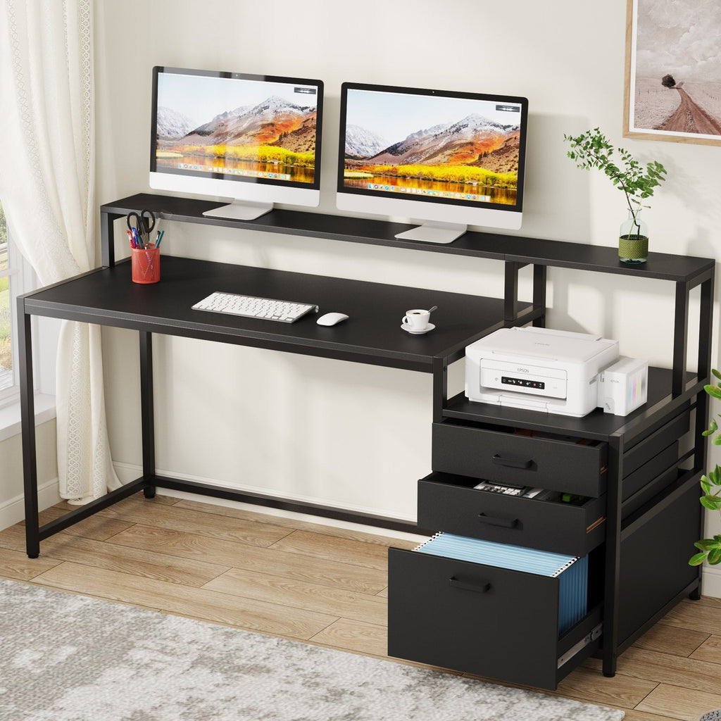 Bureau d'ordinateur 63 avec support d'écran, bureaux ergonomiques à domicile avec tiroirs et classeur