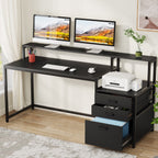Bureau d'ordinateur 63 avec support d'écran, bureaux ergonomiques à domicile avec tiroirs et classeur