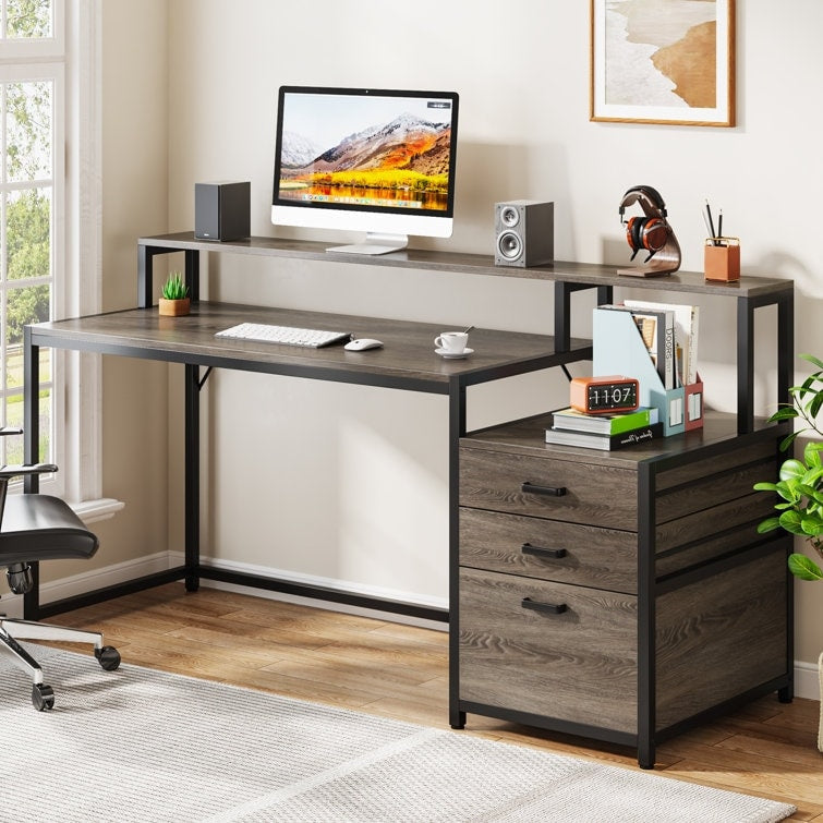 Bureau d'ordinateur 63 avec support d'écran, bureaux ergonomiques à domicile avec tiroirs et classeur