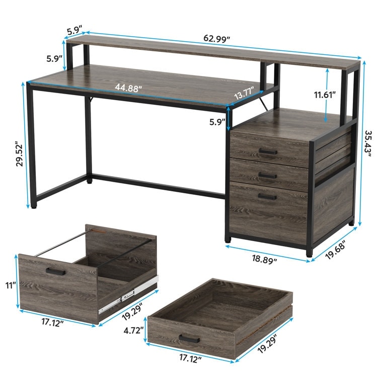 Bureau d'ordinateur 63 avec support d'écran, bureaux ergonomiques à domicile avec tiroirs et classeur