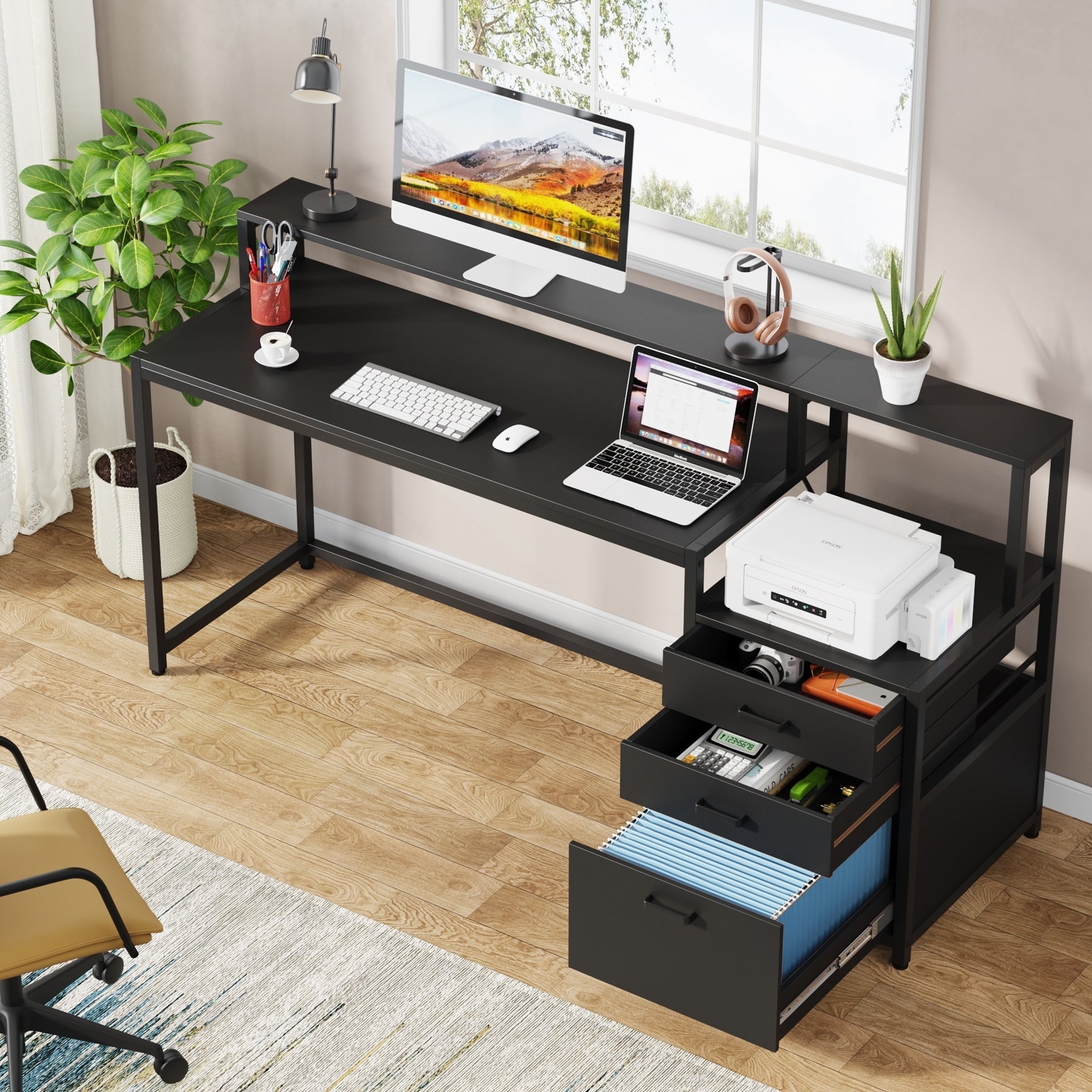 Bureau d'ordinateur 63 avec support d'écran, bureaux ergonomiques à domicile avec tiroirs et classeur