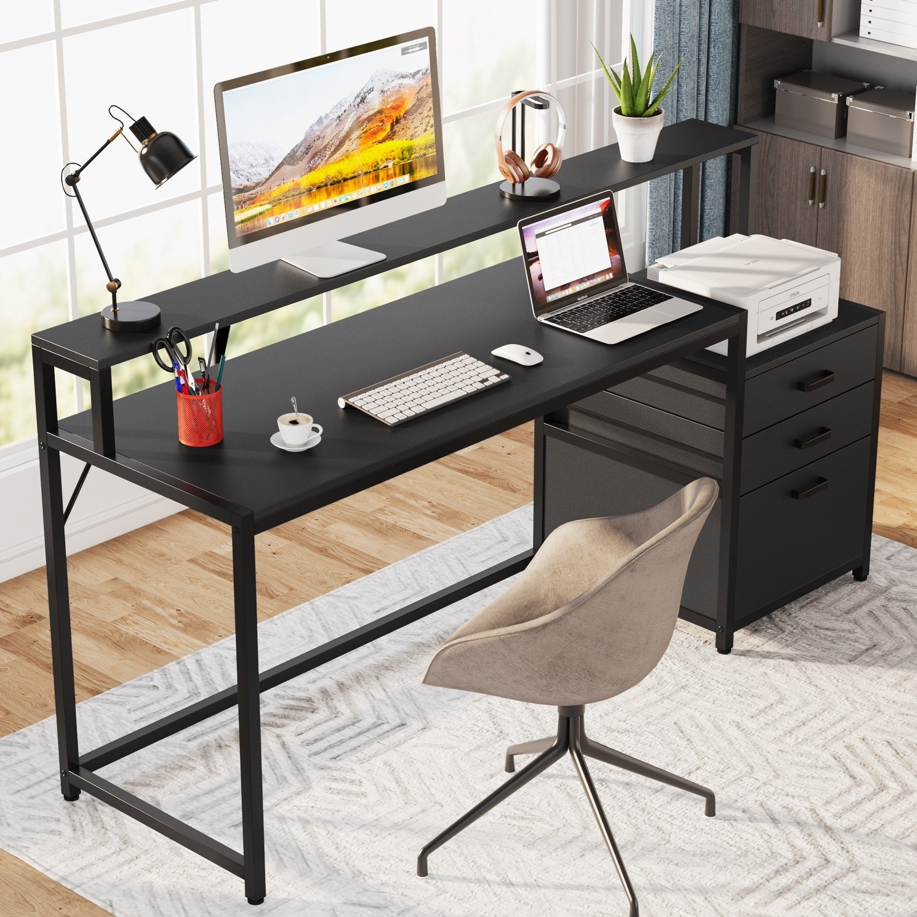 Bureau d'ordinateur 63 avec support d'écran, bureaux ergonomiques à domicile avec tiroirs et classeur