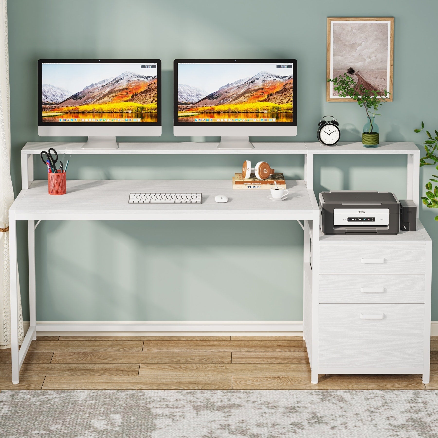 Bureau d'ordinateur 63 avec support d'écran, bureaux ergonomiques à domicile avec tiroirs et classeur