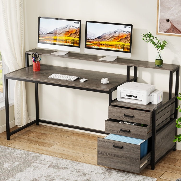 Bureau d'ordinateur 63 avec support d'écran, bureaux ergonomiques à domicile avec tiroirs et classeur