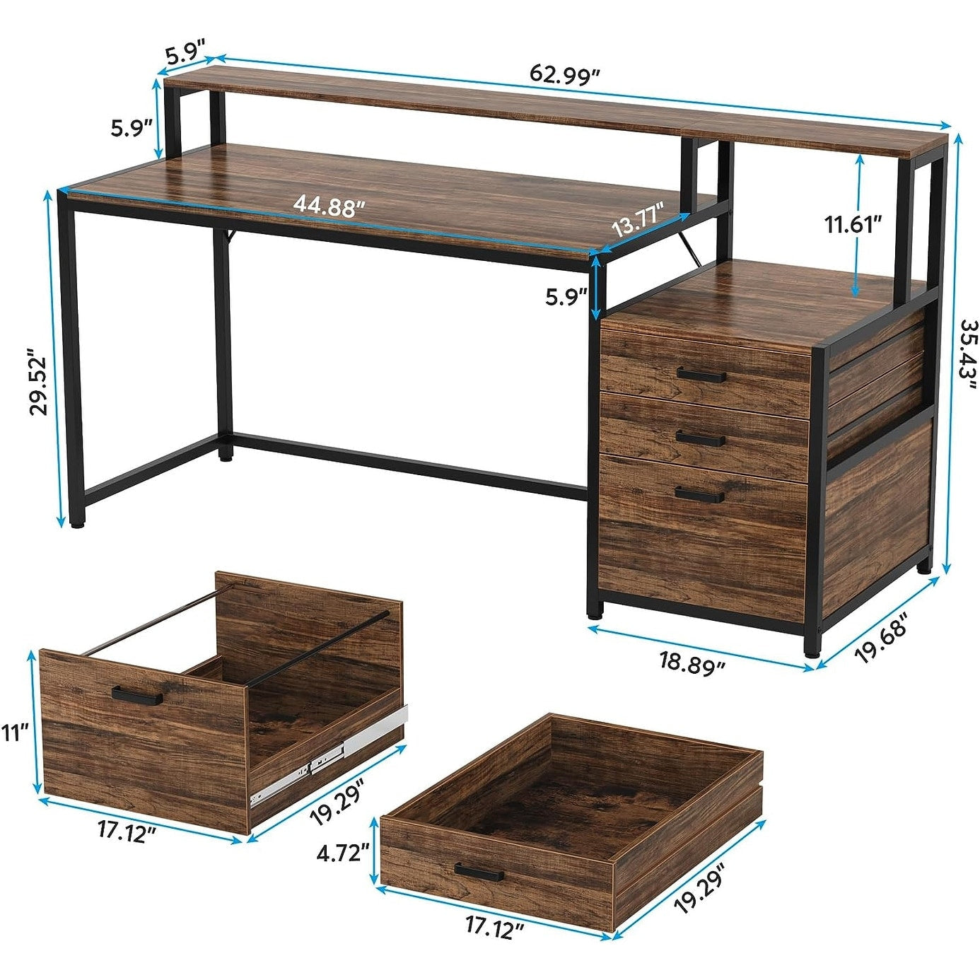 Bureau d'ordinateur 63 avec support d'écran, bureaux ergonomiques à domicile avec tiroirs et classeur