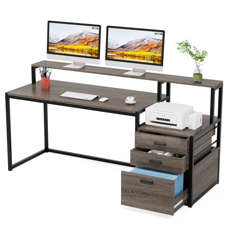 Bureau d'ordinateur 63 avec support d'écran, bureaux ergonomiques à domicile avec tiroirs et classeur