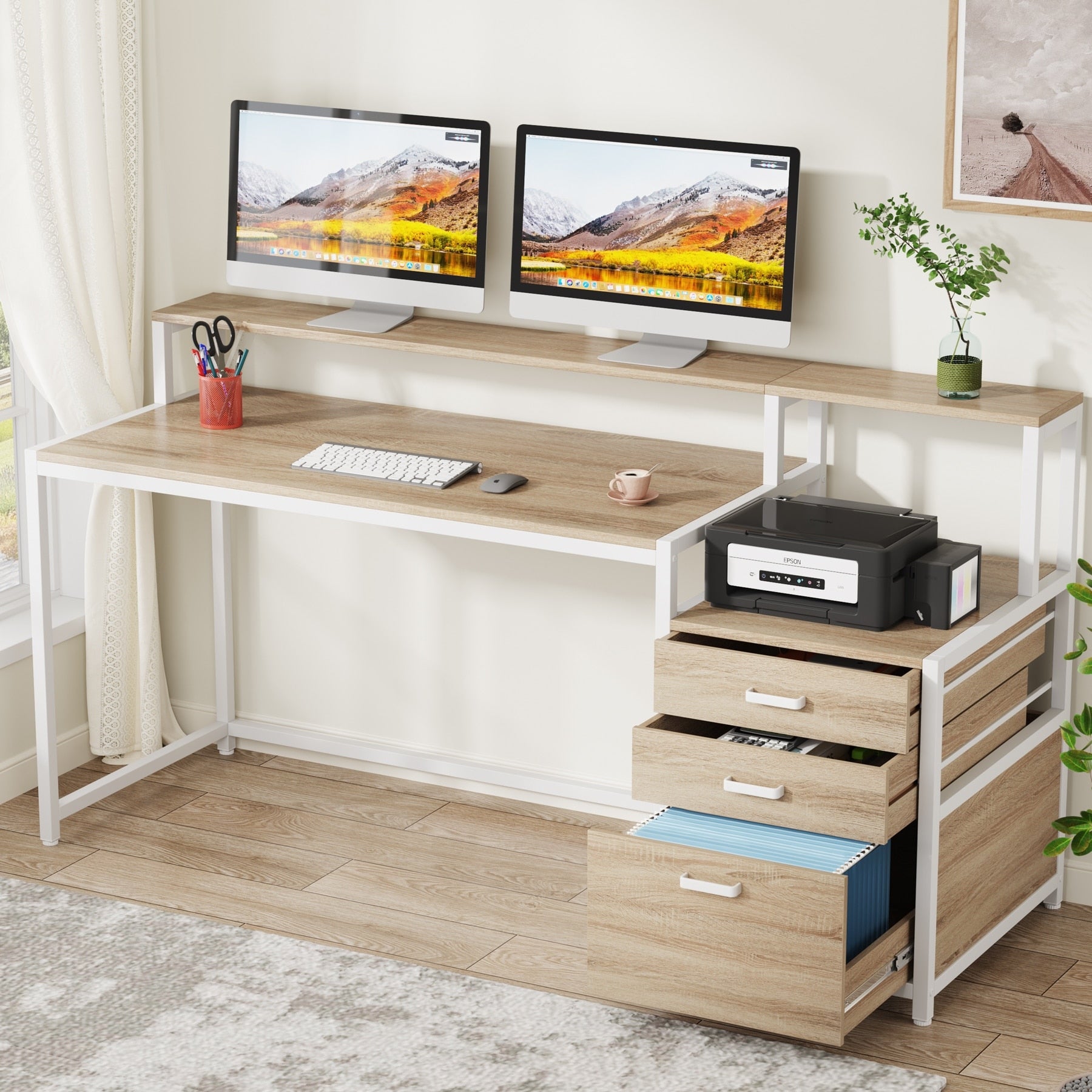 Bureau d'ordinateur 63 avec support d'écran, bureaux ergonomiques à domicile avec tiroirs et classeur