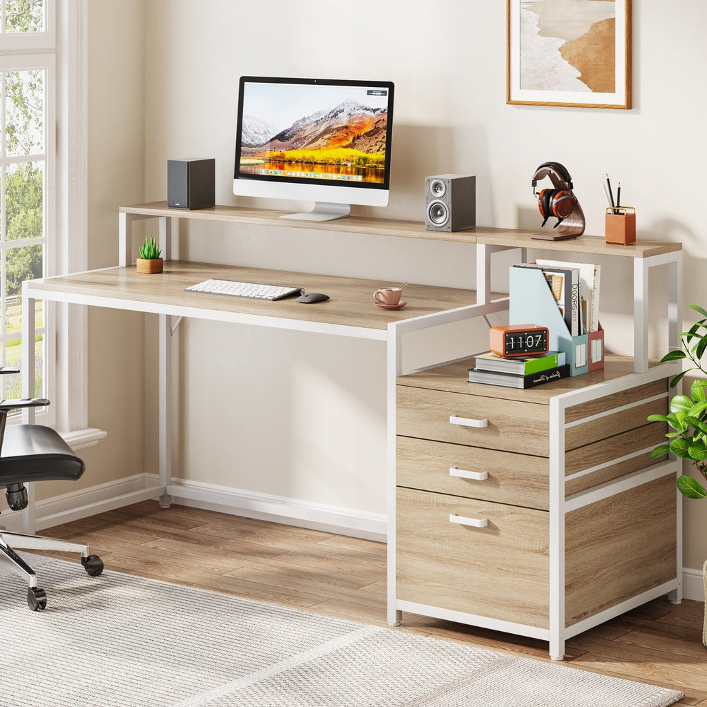 Bureau d'ordinateur 63 avec support d'écran, bureaux ergonomiques à domicile avec tiroirs et classeur