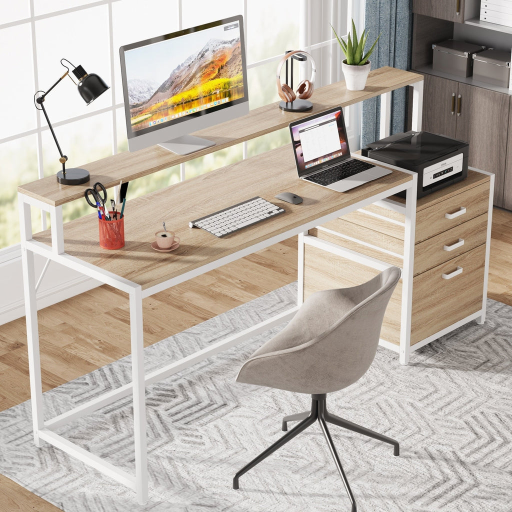 Bureau d'ordinateur 63 avec support d'écran, bureaux ergonomiques à domicile avec tiroirs et classeur