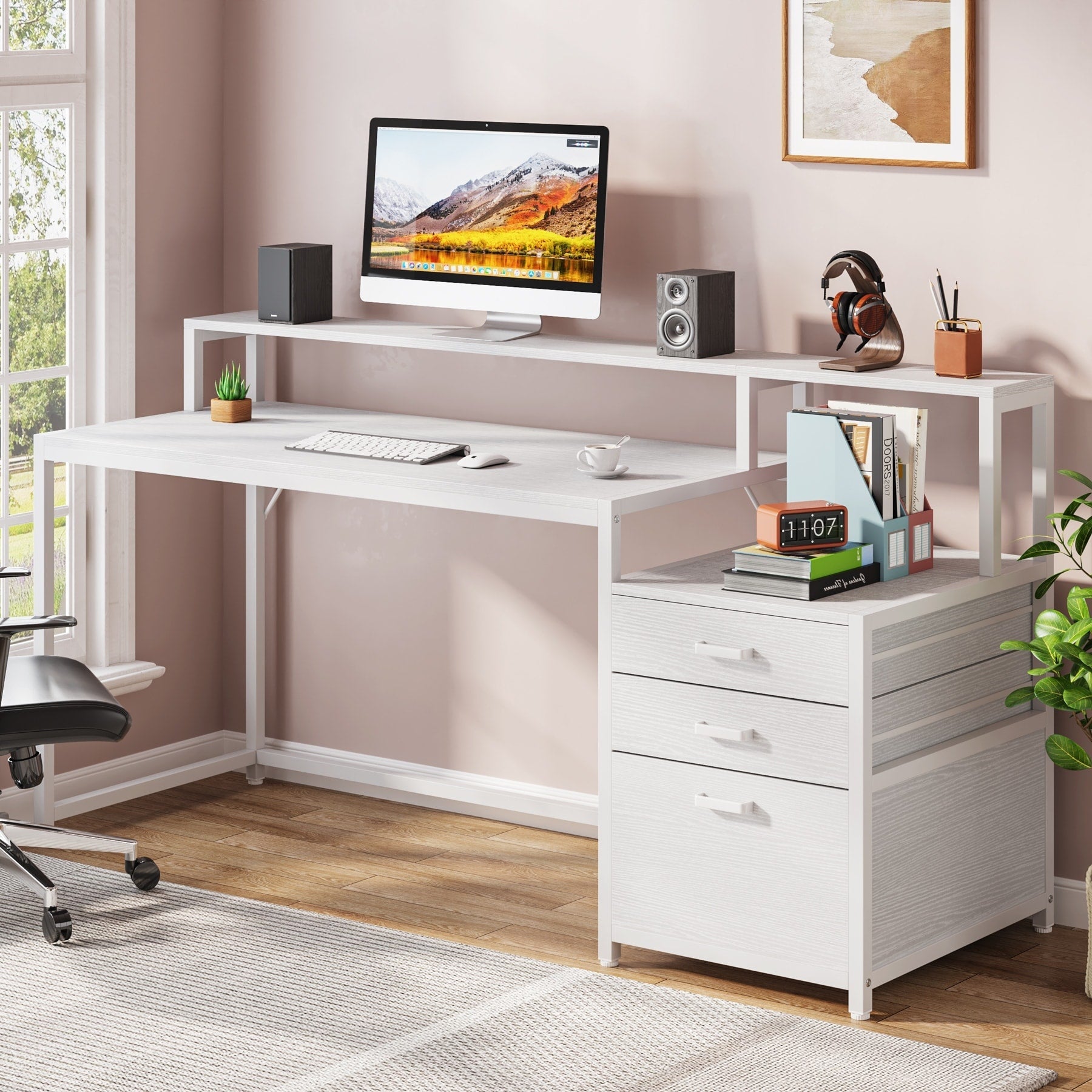 Bureau d'ordinateur 63 avec support d'écran, bureaux ergonomiques à domicile avec tiroirs et classeur